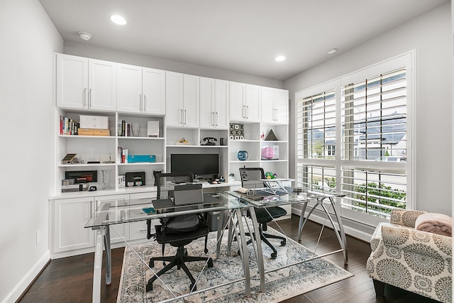 home office with recessed lighting, baseboards, and dark wood finished floors