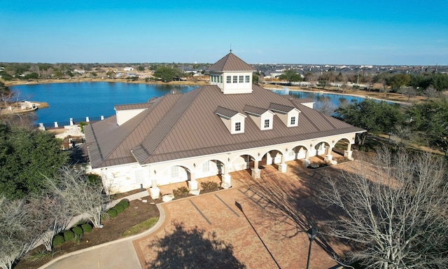 drone / aerial view with a water view