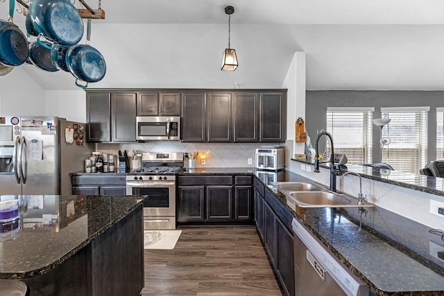 kitchen featuring a sink, dark wood finished floors, stainless steel appliances, lofted ceiling, and dark brown cabinets