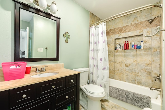 full bath with vanity, toilet, and shower / tub combo with curtain