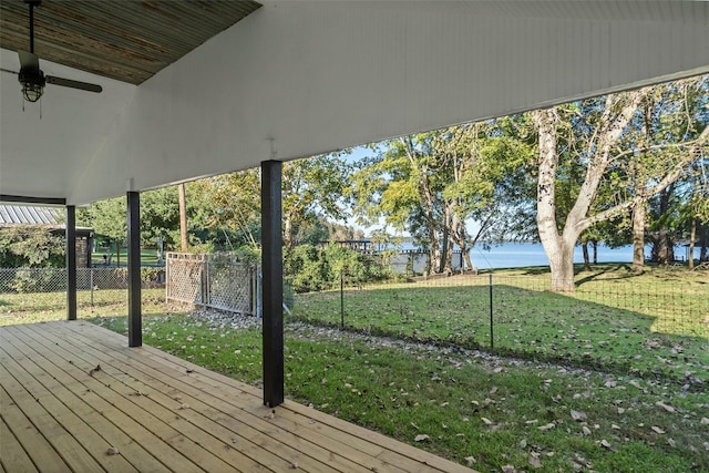 wooden deck featuring fence, a lawn, and a water view