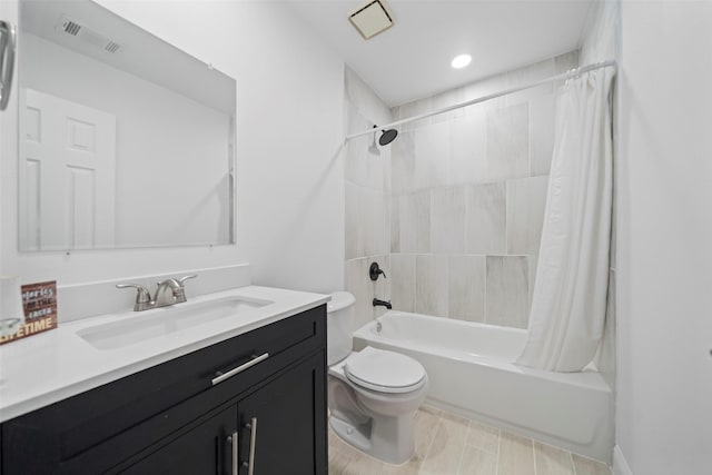 full bathroom featuring visible vents, shower / bathtub combination with curtain, toilet, and vanity