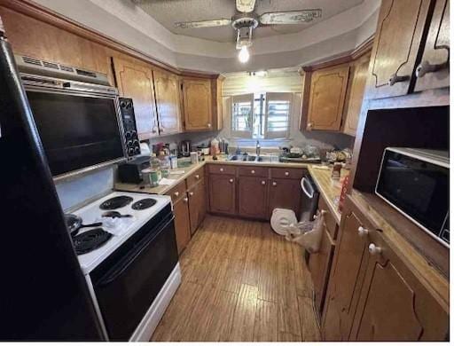 kitchen with a ceiling fan, freestanding refrigerator, a sink, electric stove, and light wood-type flooring