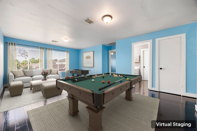 rec room featuring visible vents, billiards, and wood finished floors