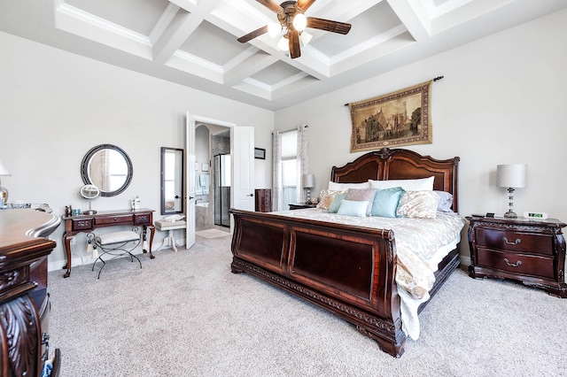 bedroom with a ceiling fan, beamed ceiling, light colored carpet, and coffered ceiling