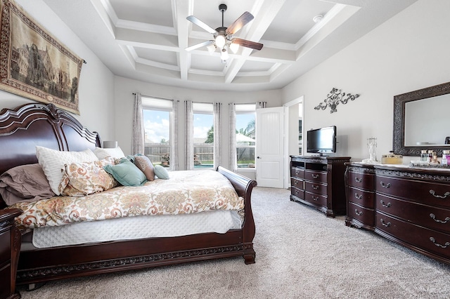 bedroom featuring ceiling fan, beam ceiling, coffered ceiling, and light carpet