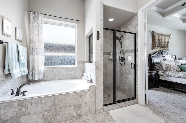 full bathroom featuring a bath, a stall shower, and ensuite bathroom