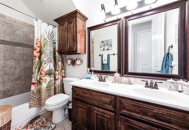 full bath featuring double vanity, toilet, shower / bath combo with shower curtain, and a sink