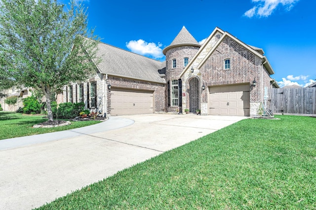 french country inspired facade with brick siding, driveway, a front yard, and a garage