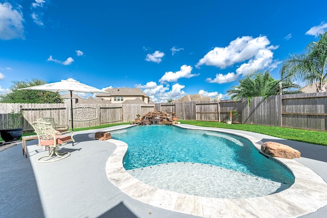 view of pool with a patio area, a fenced in pool, and a fenced backyard