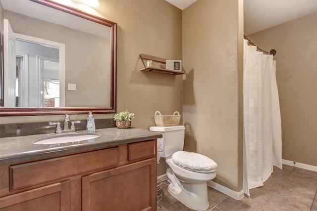 bathroom featuring vanity, a textured wall, curtained shower, toilet, and tile patterned floors