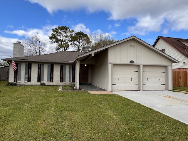 ranch-style house with a front yard, fence, driveway, an attached garage, and a chimney