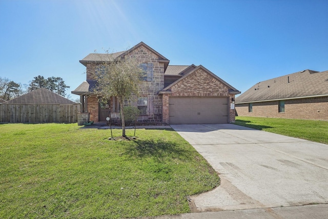 view of front facade featuring driveway, fence, an attached garage, a front yard, and brick siding