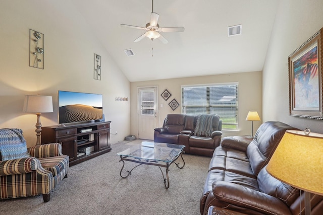 living room featuring visible vents, carpet, ceiling fan, and high vaulted ceiling