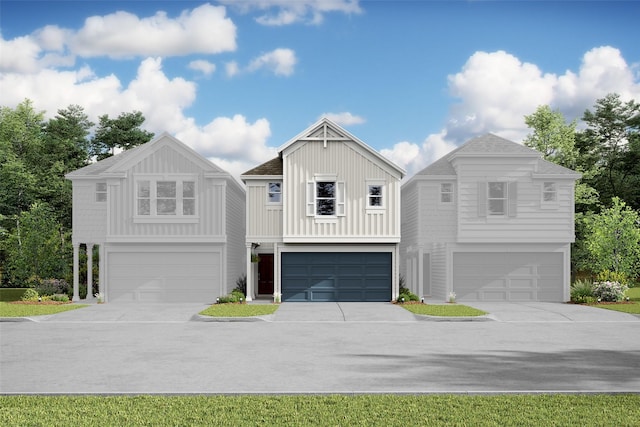 coastal home featuring board and batten siding, concrete driveway, and a garage