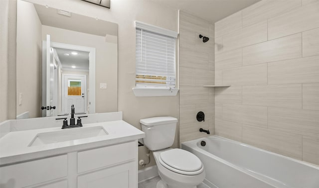 full bathroom featuring baseboards, vanity, toilet, and shower / bathtub combination