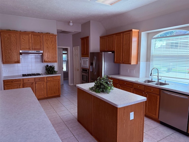 kitchen featuring light countertops, a wealth of natural light, appliances with stainless steel finishes, and a sink