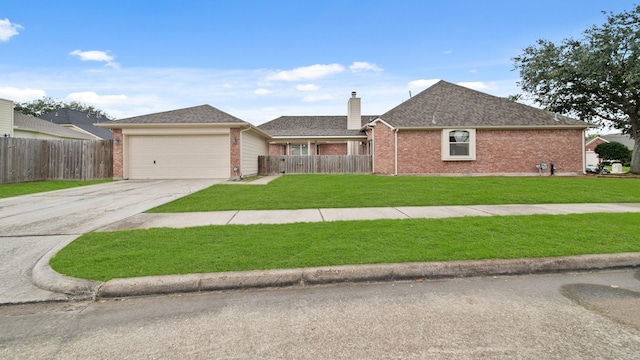 ranch-style home featuring brick siding, driveway, and fence