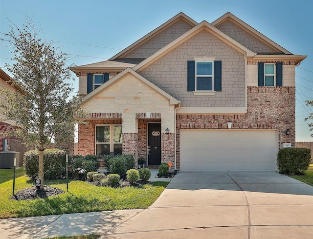 craftsman inspired home featuring central AC, an attached garage, brick siding, and driveway