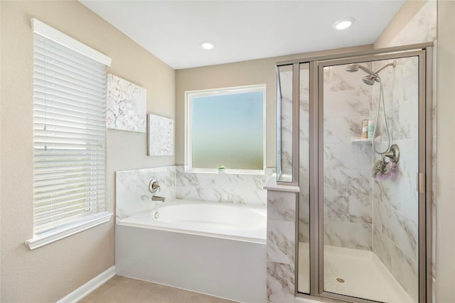 bathroom featuring baseboards, recessed lighting, a stall shower, tile patterned flooring, and a bath