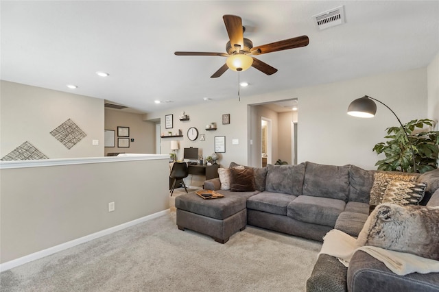 carpeted living room with a ceiling fan, recessed lighting, baseboards, and visible vents