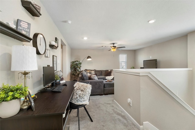 office with recessed lighting, carpet floors, and ceiling fan