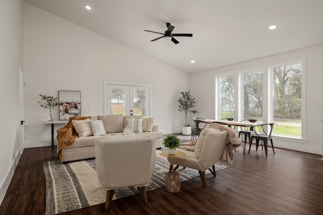 living area with recessed lighting, french doors, dark wood-type flooring, and baseboards