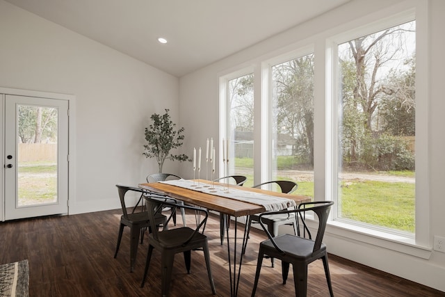 dining room with a wealth of natural light, baseboards, dark wood-type flooring, and lofted ceiling