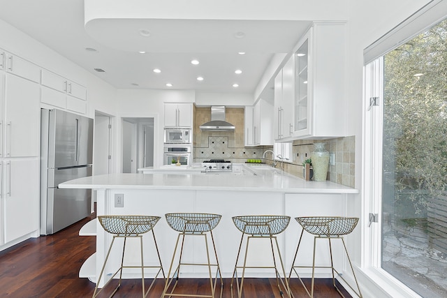 kitchen with dark wood-type flooring, a sink, appliances with stainless steel finishes, a peninsula, and wall chimney range hood