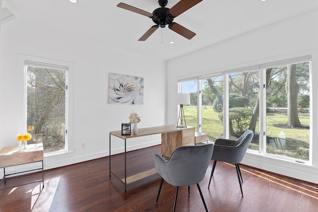 home office with a ceiling fan, recessed lighting, wood finished floors, and baseboards