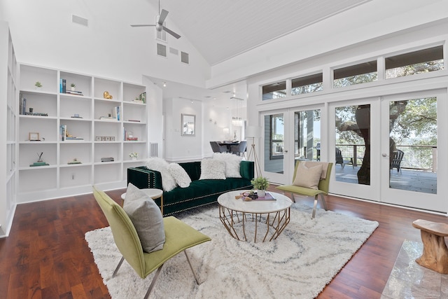 living area featuring wood finished floors, french doors, visible vents, and ceiling fan