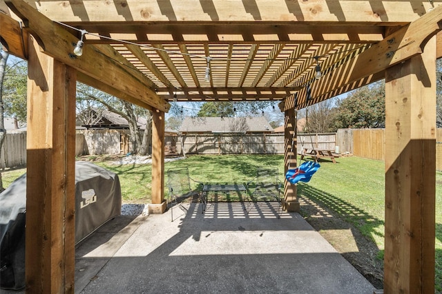 view of patio / terrace featuring a fenced backyard and a pergola