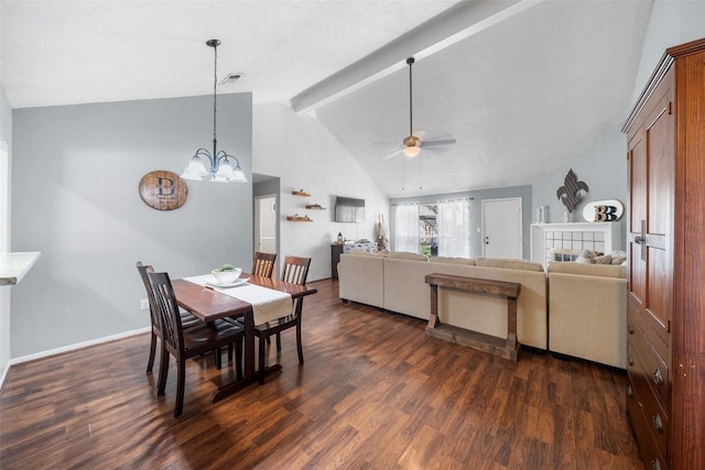 dining room featuring visible vents, baseboards, dark wood finished floors, beamed ceiling, and ceiling fan with notable chandelier