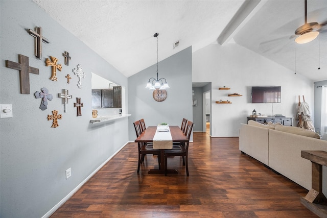 dining area featuring wood finished floors, visible vents, baseboards, vaulted ceiling with beams, and ceiling fan with notable chandelier