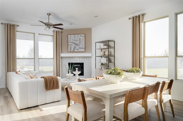 dining area with ceiling fan, baseboards, light wood-type flooring, and a tile fireplace