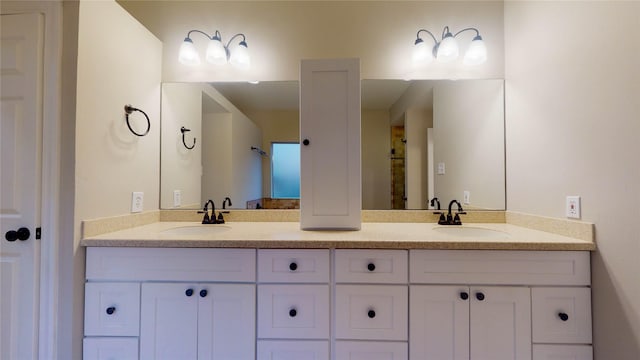 full bathroom featuring a sink, walk in shower, and double vanity