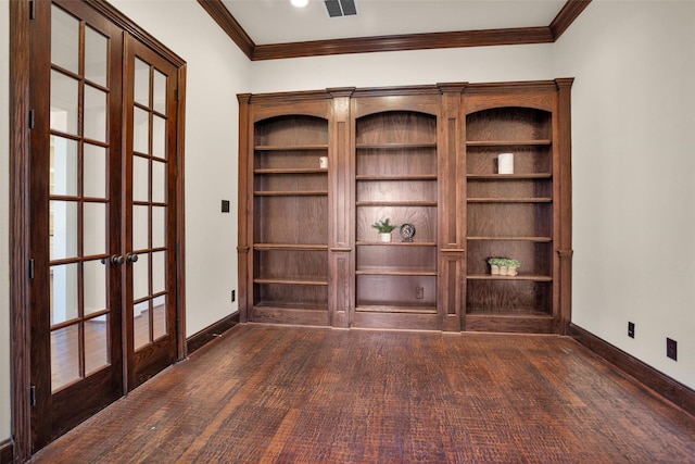 spare room with visible vents, french doors, crown molding, and baseboards