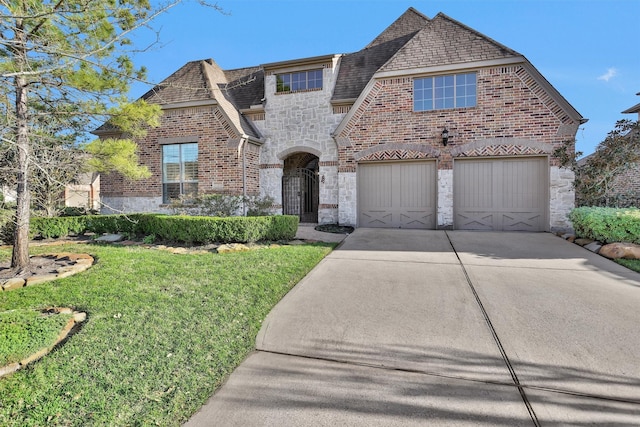 view of front of house featuring stone siding, brick siding, concrete driveway, and a front lawn