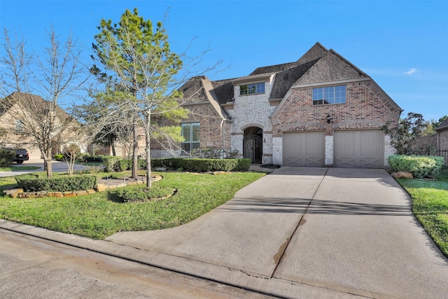 french country inspired facade with roof with shingles, concrete driveway, a front lawn, stone siding, and brick siding