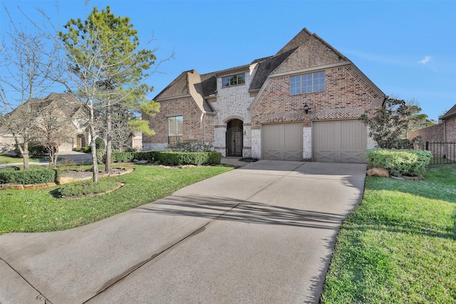 french country inspired facade featuring a front yard, driveway, stone siding, a garage, and brick siding