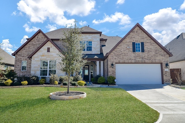 french country inspired facade featuring a front lawn, brick siding, driveway, and roof with shingles