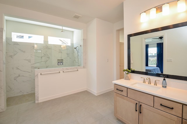 bathroom featuring vanity, visible vents, ensuite bath, ceiling fan, and walk in shower