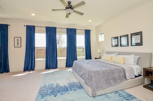 bedroom featuring recessed lighting, carpet flooring, baseboards, and crown molding