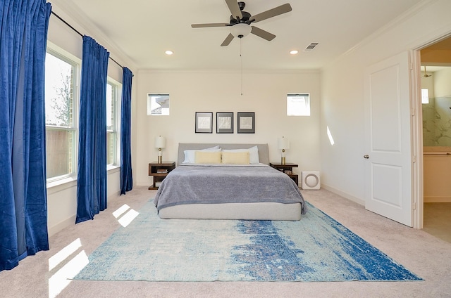 carpeted bedroom with crown molding, recessed lighting, visible vents, and baseboards