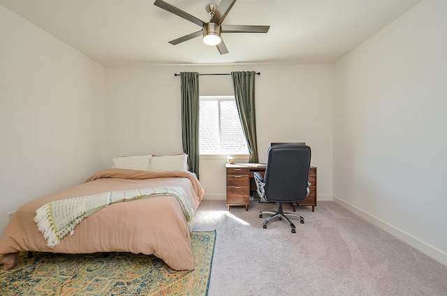 bedroom with baseboards, carpet floors, and ceiling fan