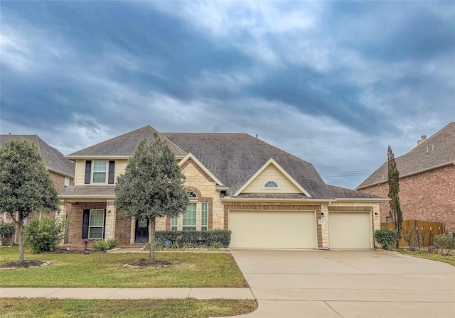 view of front of property featuring driveway, an attached garage, a shingled roof, a front lawn, and brick siding