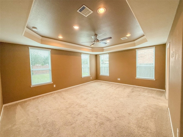 empty room with a raised ceiling, carpet, and visible vents