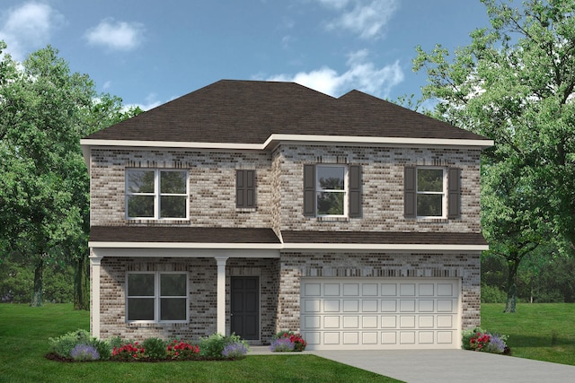 view of front of property with brick siding, a garage, driveway, and a front yard