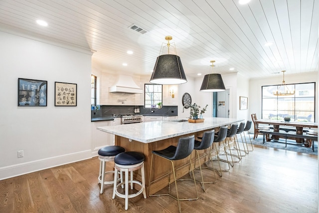 kitchen with wood finished floors, visible vents, premium range hood, high end stainless steel range oven, and backsplash