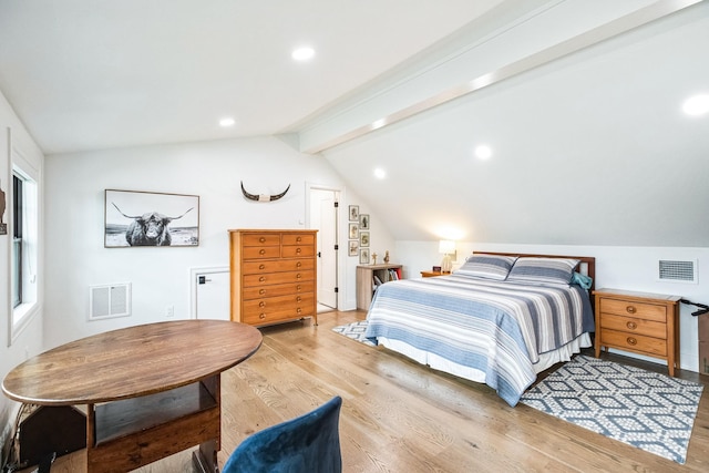 bedroom featuring lofted ceiling with beams, visible vents, light wood-type flooring, and recessed lighting